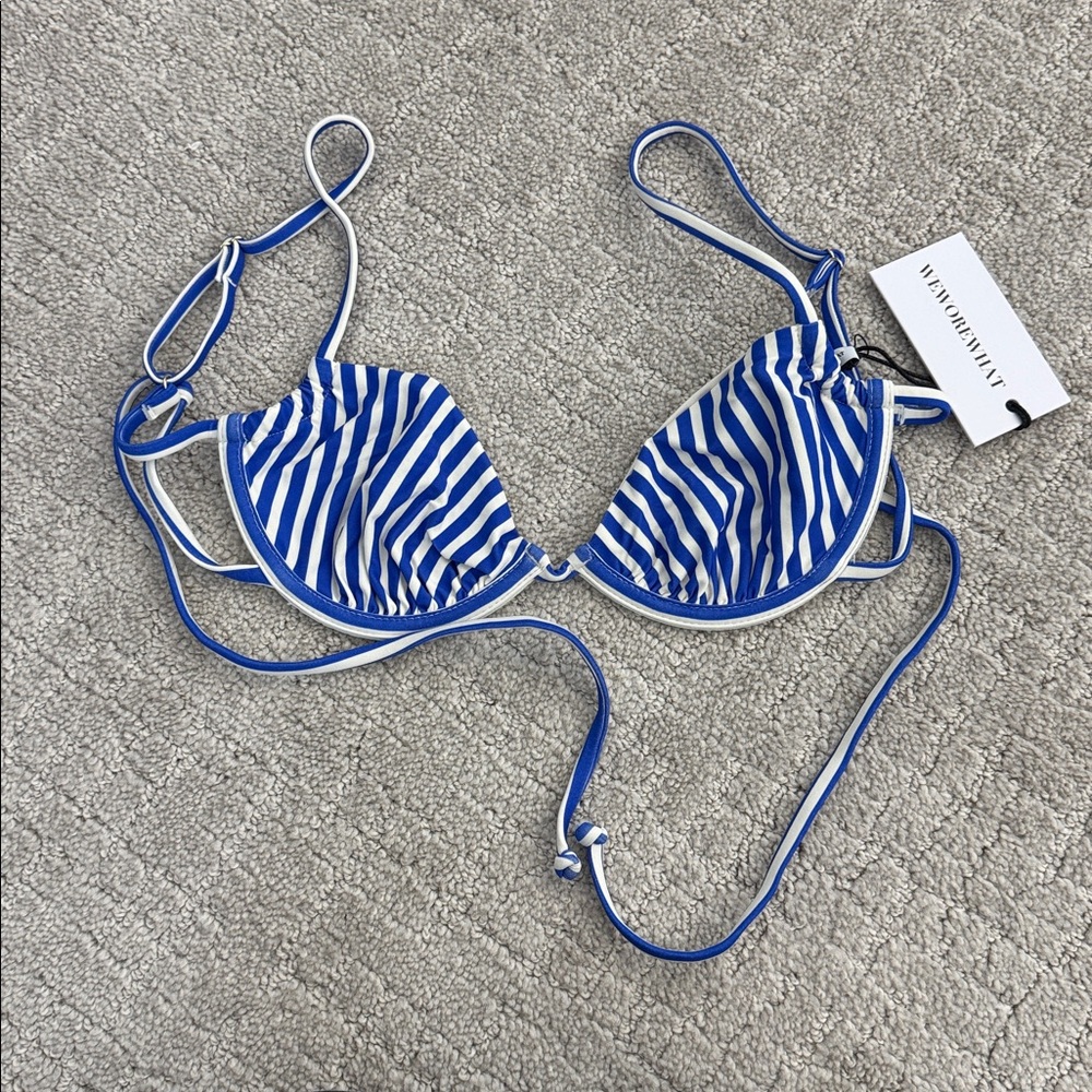 NWT WeWoreWhat Ruched underwire top coastal blue offwhite micro stripe